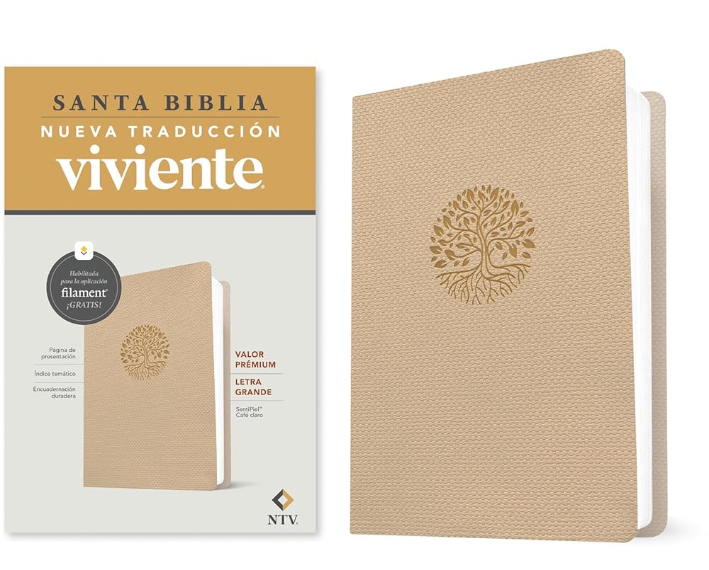 Biblia valor prémium NTV, letra grande con Filament (SentiPiel, Café claro) (Spanish Edition) cover image