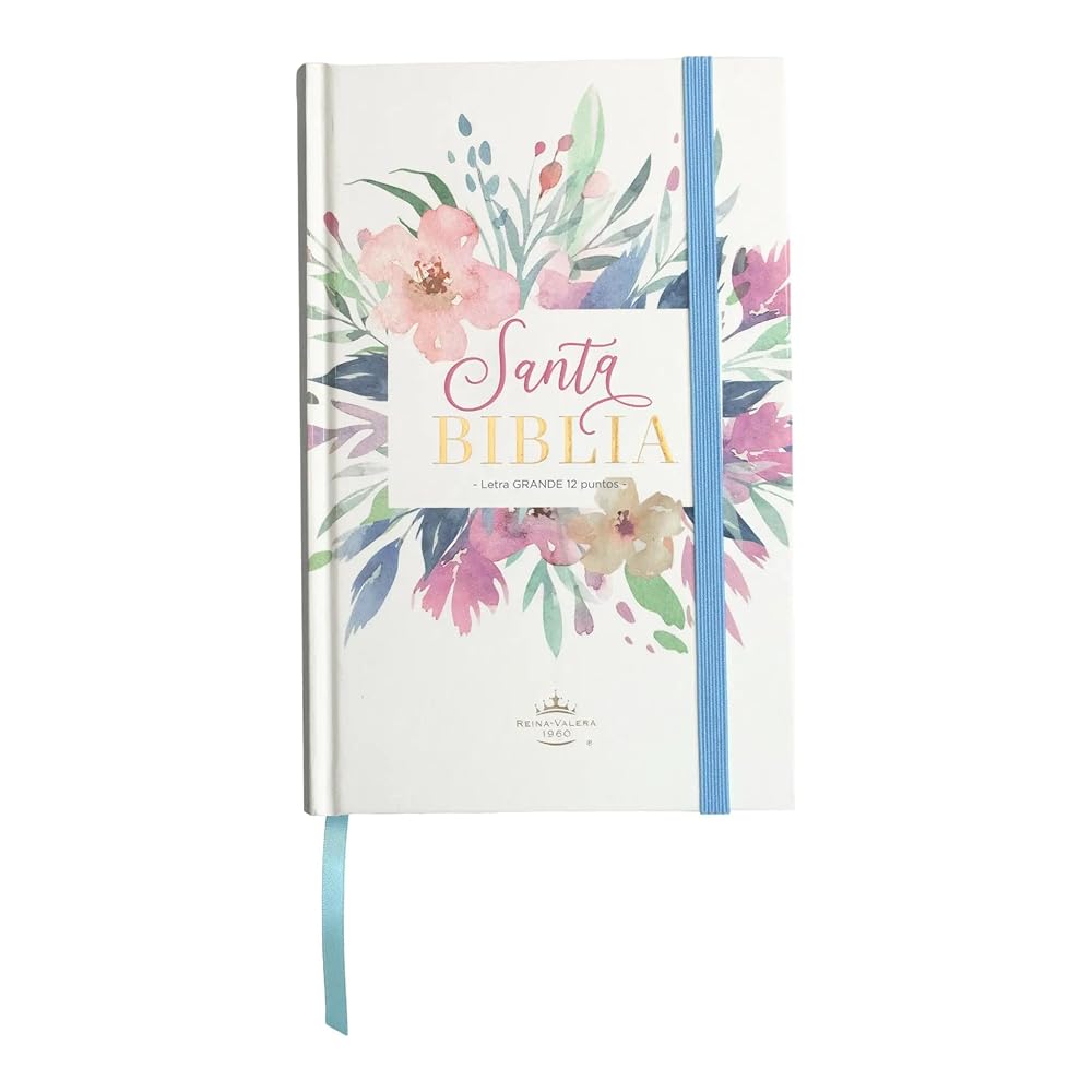 Biblia RVR 1960 Letra Grande 12.5 puntos Tamaño Manual Tapa Dura con Elástico Flores Azul cover image