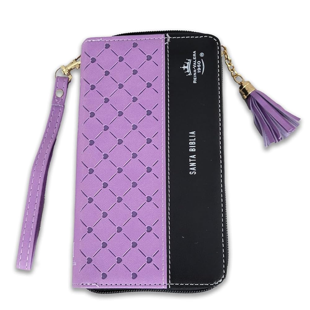 Biblia Chequera para Mujeres RV1960 morada y negro pequeña con lazo y agarradera de mano cover image