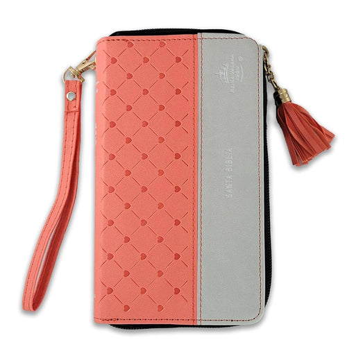 Biblia Chequera para Mujeres RV1960 coral y gris pequeña con lazo y agarradera de mano cover image