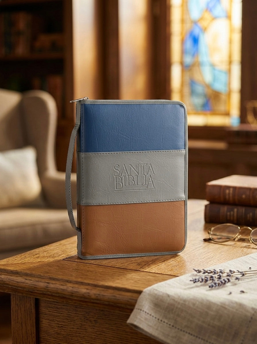 Forro de Biblia - Azul, gris y marrón (mediano)