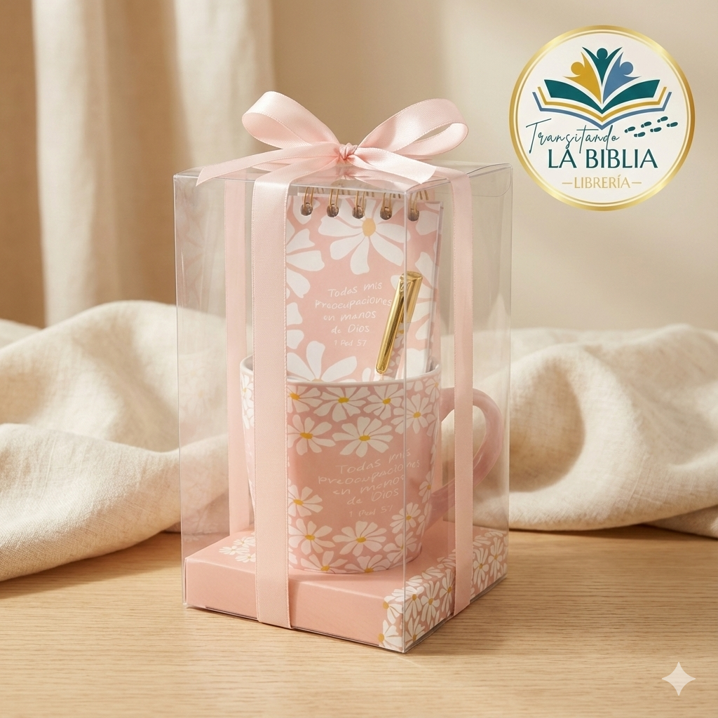 Set taza, bolígrafo y libreta girasoles - Todas mis Preocupaciones en manos de Dios