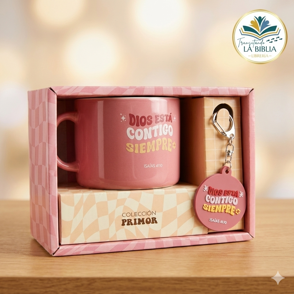 Hermosa Taza y llavero Rosa: Dios está contigo siempre